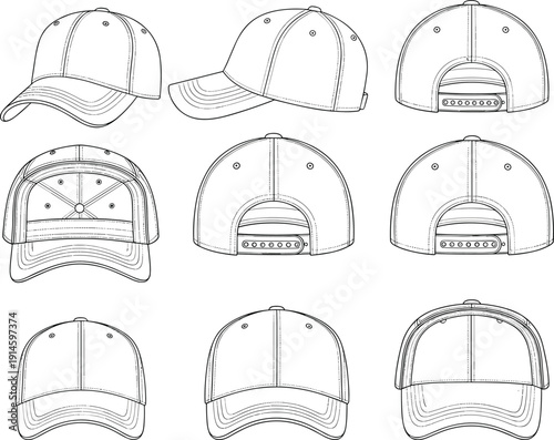 Unisex Baseball Cap Hat Technical Flat Sketch, Fashion CAD Drawing Vector Illustration, Multi View Front Back Side Top Underneath Template