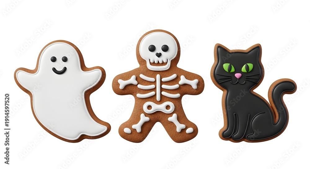 Obraz premium Deliciously decorated Halloween cookies ghost, skeleton, and black cat on white background