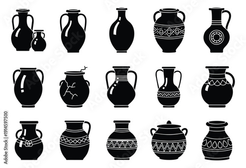 Simple graphic pottery set featuring various shapes, some with decorative patterns, and a broken pot for design projects