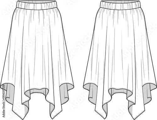 Women Elastic Waist Asymmetrical Handkerchief Hem Skirt Technical Flat Sketch, Fashion CAD Drawing Vector Illustration, Front and Back View White Template