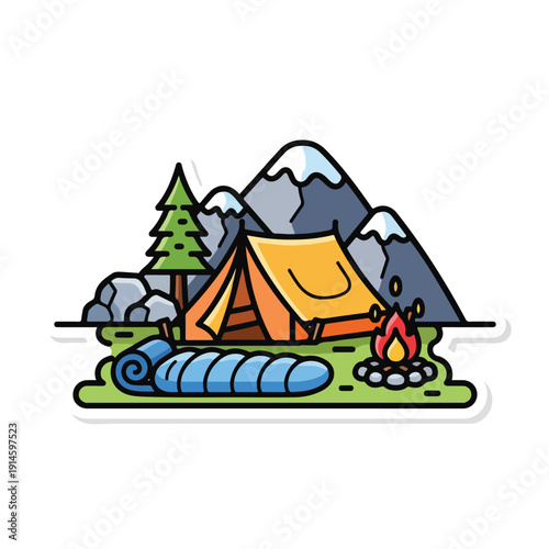 A tent and sleeping bag on a grassy field with a campfire