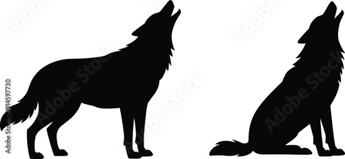 Two black wolf silhouettes howling at night, standing and sitting posture, detailed fur texture, wild animal communication illustration