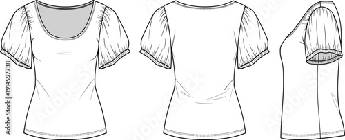 Women Scoop Neck Puff Sleeve Top Technical Flat Sketch, Fashion CAD Drawing Vector Illustration, Front Back and Side View Template