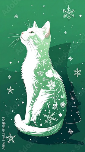 Stylized green and white cat with snow pattern on body, dark green background
