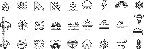 Natural disasters and extreme weather conditions collection with fire flood and earthquake icons