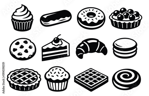 Bold line art dessert icons set featuring cupcakes, donuts, cakes, and pastries for bakery or cafe menus