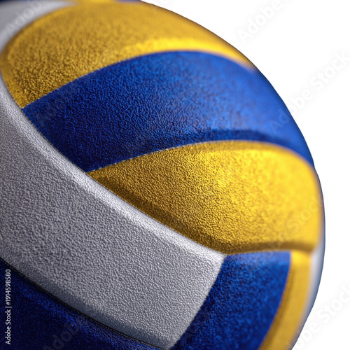 Close-up view of a vibrant volleyball with detailed stitching and contrasting colors isolated on transparent background