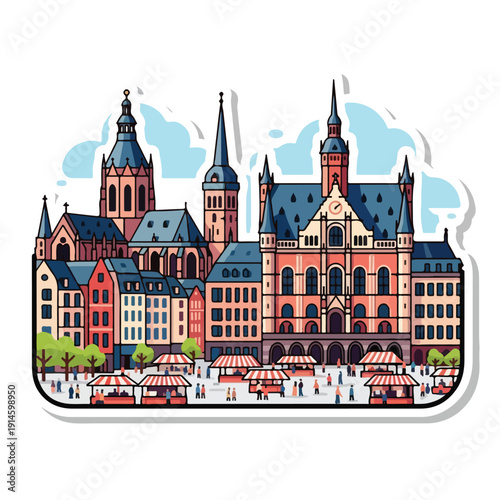 A vibrant illustration of a medieval European town square