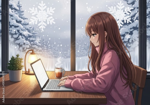 A smiling young businesswoman sits at home working on her laptop, using the internet for communication and education in a casual office setting
