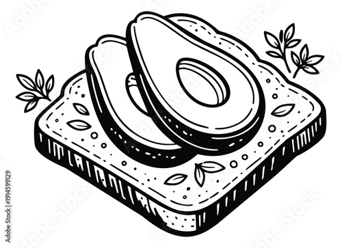 Hand drawn line art illustration of avocado toast depicting a healthy meal for breakfast or brunch menus