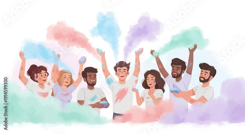 Diverse group of young adults celebrating with colorful powder.