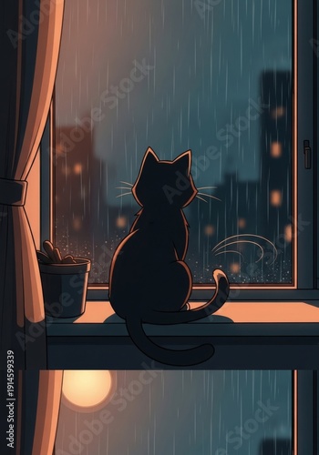 A cute black cat silhouette sits in the window under a blue night sky with a glowing moon in this cartoon vector illustration