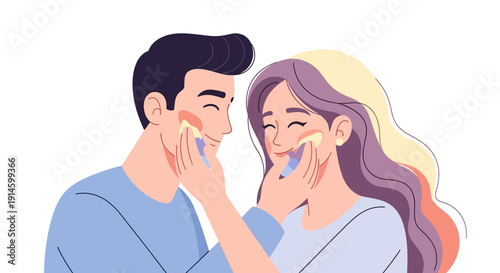 Young couple touching each other's faces tenderly with happy expressions.
