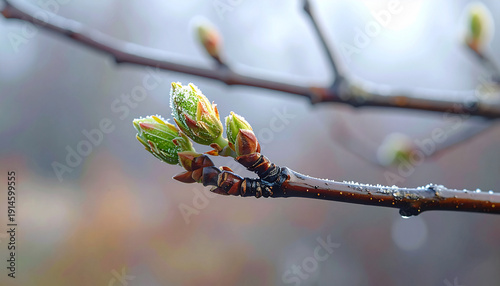 Dewdrops cling to tiny green buds on a tree branch in early spring, signaling new growth and the end of winter