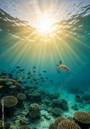 A scuba diver explores the vibrant underwater world of a tropical Red Sea coral reef teeming with marine fish and aquatic nature during a deep dive in Egypt