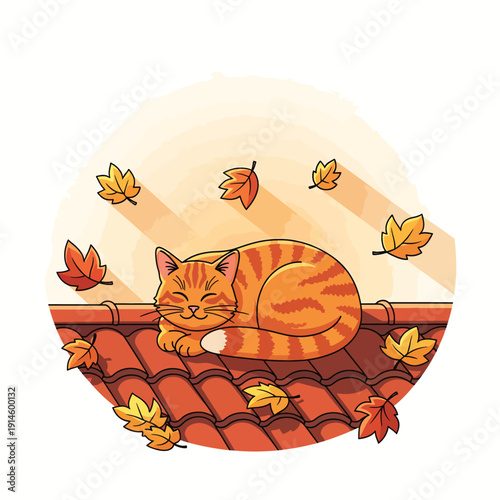 Orange Cat on Roof with Fall Leaves