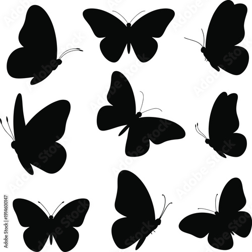 Butterfly silhouette vector collection, black flying insect set isolated on white background for logo, tattoo, stencil design