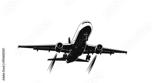 Black and white airplane takeoff illustration.