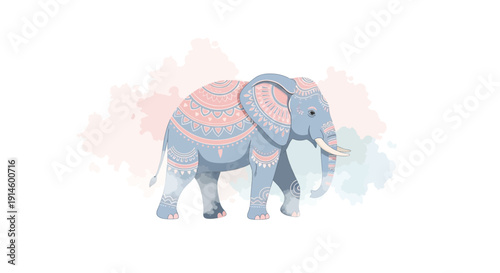 Watercolor illustration of a decorated elephant with pastel colors and intricate patterns.