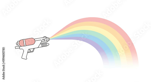 A cartoon gun shooting a vibrant rainbow beam.