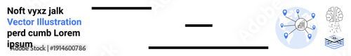 Technology, digital networking, data analysis, AI development, machine learning, innovation pathways. A digital network chart, brain and data elements. Digital networking and AI development concepts