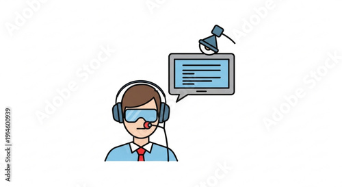 Man wearing headset with microphone and vr glasses talks to customer service