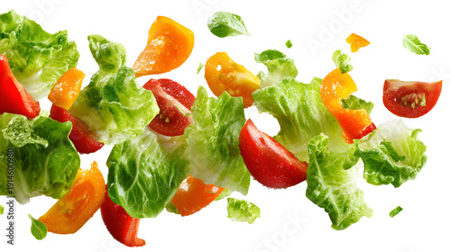 Fresh salad ingredients flying through the air isolated on transparent background