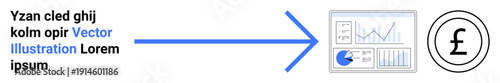 Diagram with charts, graphs, and data visual alongside arrow pointing to pound symbol. Ideal for finance, analytics, growth, success, business, economy simple landing page