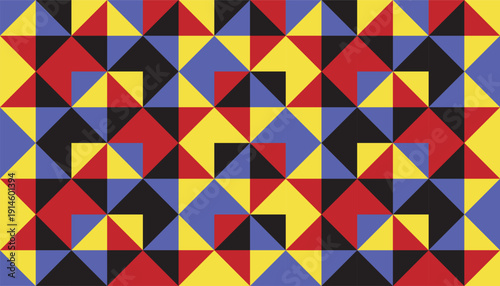 Seamless geometric pattern featuring large interlocking triangles in a primary color palette (red, yellow, blue, and black). Abstract vector background with a bold, rhythmic mosaic grid