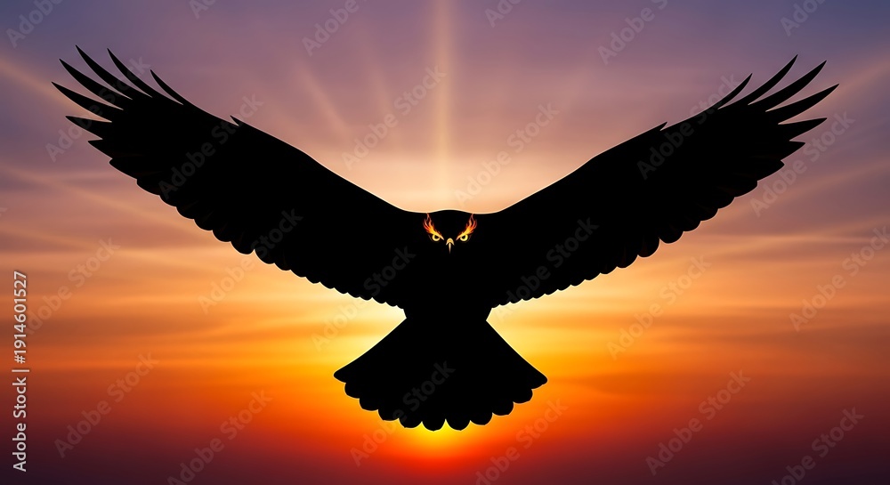Fototapeta premium Eagle Silhouette Flying at Sunset Sky.