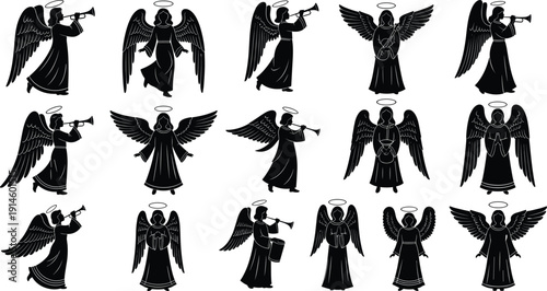 Christmas Angel Silhouette Collection with Trumpet and Wings Black Vector Illustration Set of Heavenly Choir Figures Isolated on White Background