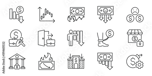 Essential financial crisis icons illustrating economic recession, market downturns, business collapse, and personal money loss challenges