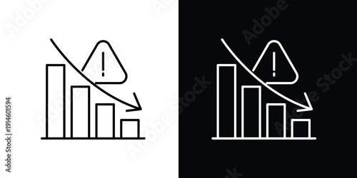 Decreasing financial graph icon with a warning symbol indicating risk and potential downturn