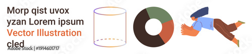 Data visualization, art concepts, infographics, movement design, learning materials, presentation templates. Includes a cylinder, pie chart and person diving. Data visualization and art concepts