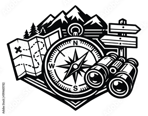 Monochrome line art adventure set featuring a compass, map, binoculars, mountains, and signpost for outdoor exploration