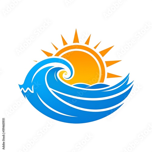 Stylized image of a wave curling below a bright sun with rays. The wave is shaded blue
