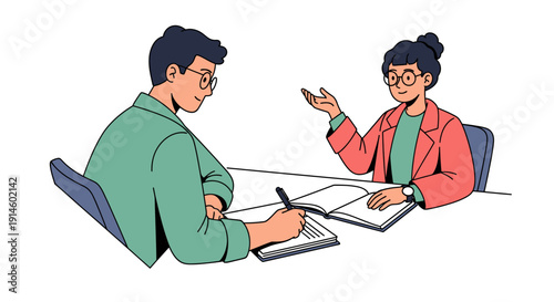 Two people having a business meeting or interview illustration.