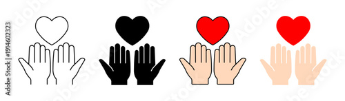 heart in hands icons. flat single icon set of hands holding heart symbol for charity and care