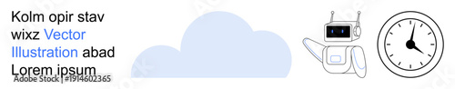 Cloud technology, artificial intelligence, digital tools, automation, productivity, modern business. A friendly robot beside a clock and a cloud graphic. Cloud technology and artificial intelligence