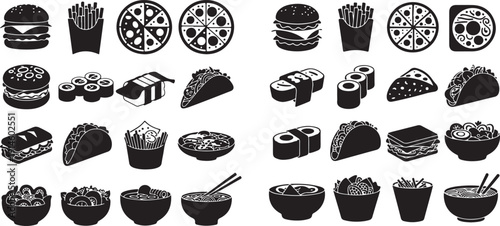 Black and white of various food and dishes food burgers