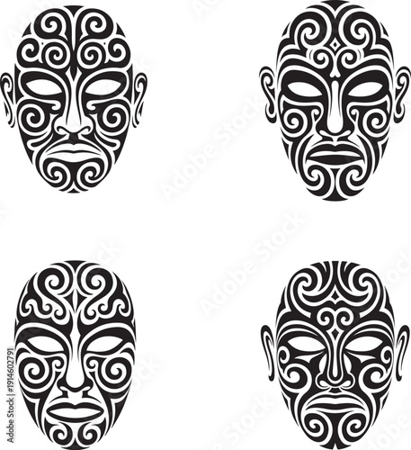 Four Black and White Maori Face Masks with Intricate Patterns