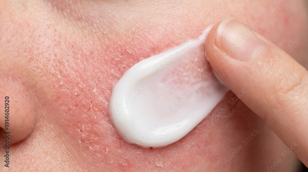 Fototapeta premium Applying soothing ceramide cream to red irritated skin