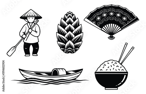Graphic Asian culture set featuring a paddler, traditional fan, boat, rice bowl and a stylized plant for designs and themes