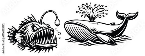 Vintage style hand drawn marine animals set featuring an anglerfish and a whale for nature and marine biology designs