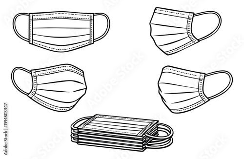 Hand drawn line art surgical mask set featuring multiple angles and a stack of masks for medical safety and hygiene