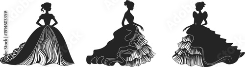 Elegant Woman in Flowing Ball Gown Silhouette Collection with Detailed Skirt Patterns Black Vector Illustration Set Isolated on White Background