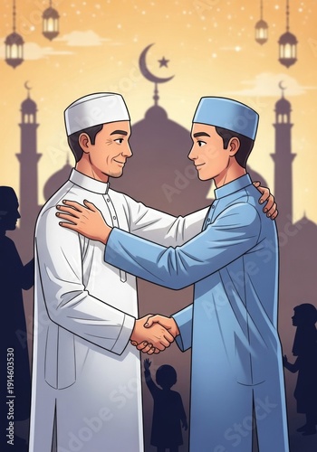 Illustration of Muslim people shaking hands and asking forgiveness during Eid al-Fitr, symbolizing unity, peace, and tradition