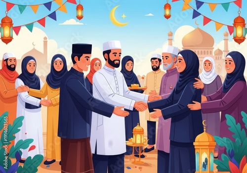 Illustration of Muslim people shaking hands and asking forgiveness during Eid al-Fitr, symbolizing unity, peace, and tradition