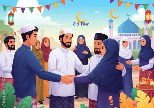 Illustration of Muslim people shaking hands and asking forgiveness during Eid al-Fitr, symbolizing unity, peace, and tradition