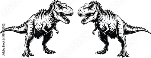 Black silhouette of two Tyrannosaurus Rex dinosaurs facing each other, prehistoric T-Rex predators